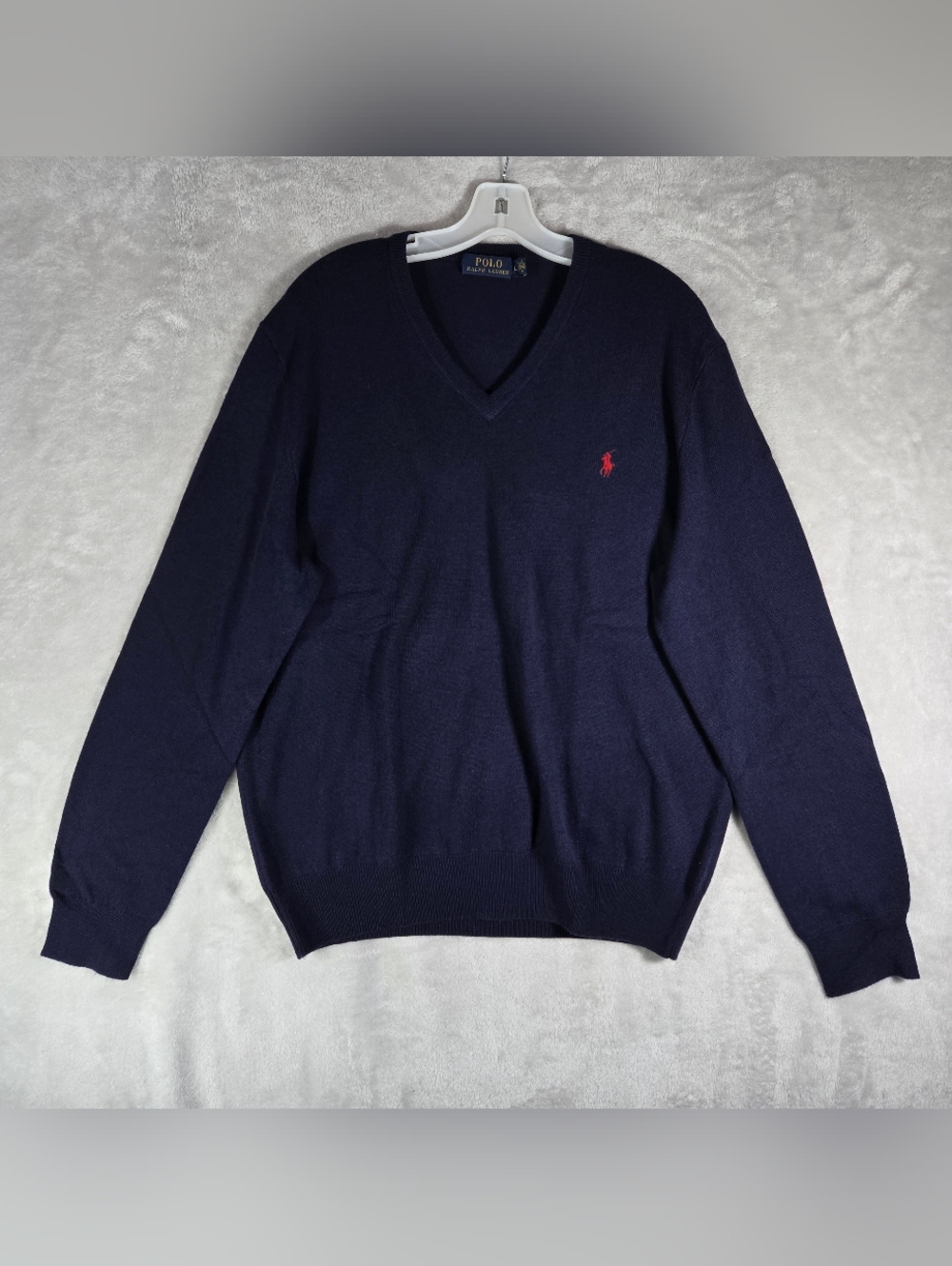 Polo Ralph Lauren Merino Wool V Neck Sweater Mens Large Navy Blue Knit Pullover
